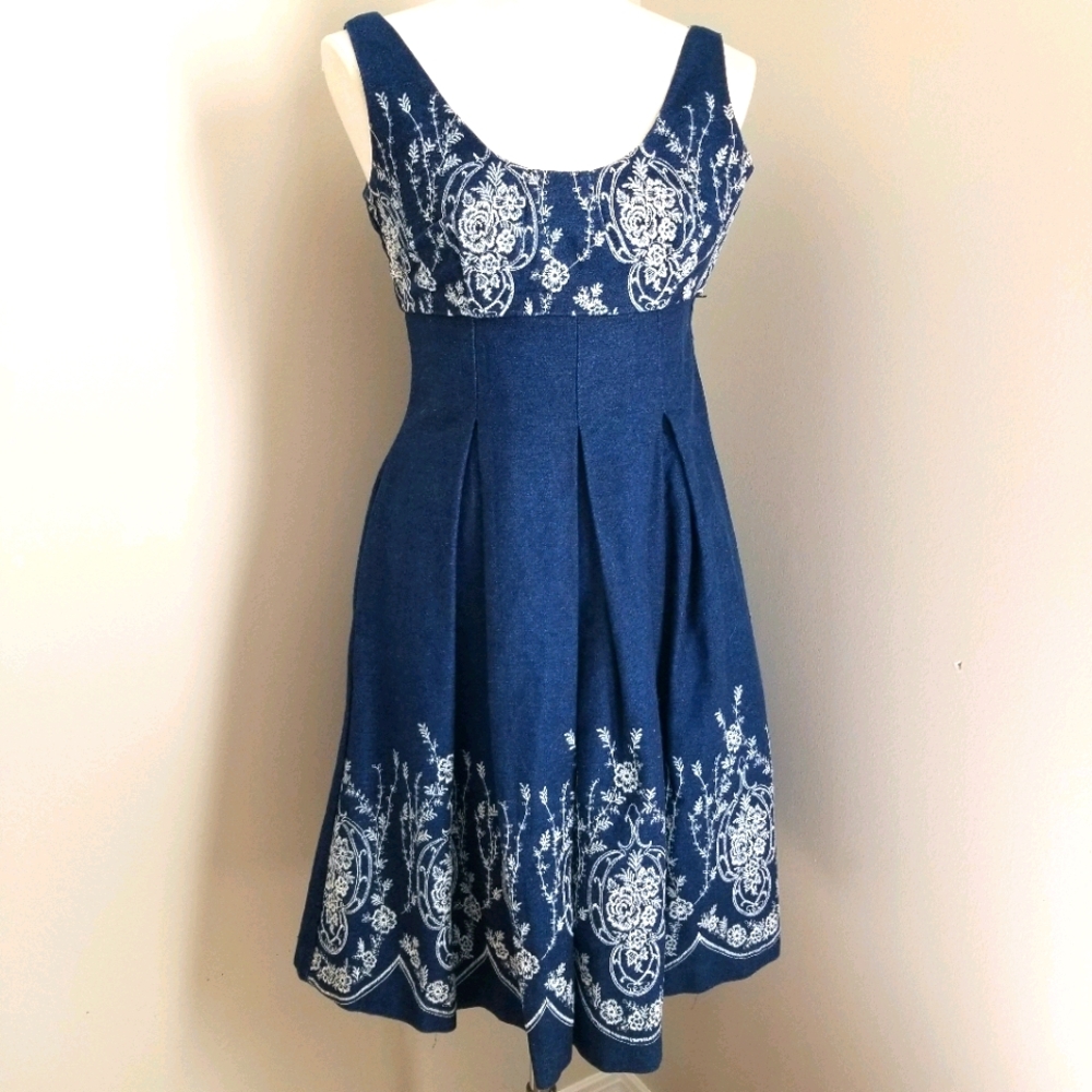 Embroidered Sleeveless Dark Denim Dress